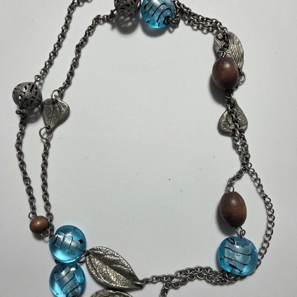 Long Aqua Blue Glass Bead Necklace 45" Silver Tone Leaf Charm Boho Station